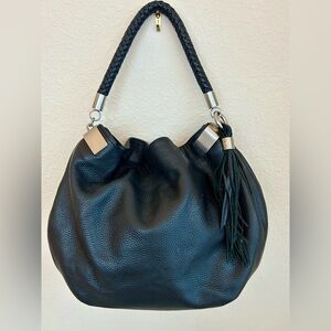 HALOGEN Black Pebbled Leather Tassel Purse Shoulder Bag Tote Hobo Retail $279